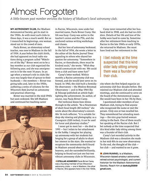 Small version of Sky & Telescope Focal Point article on Paula Birner Carey